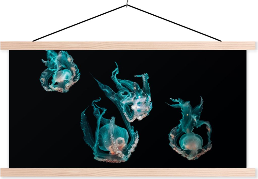 MuchoWow Textilposter Quallen - Meerestiere - Schwarz 120x60 cm mit holzfarbenen Rahmen - Klemmleiste
