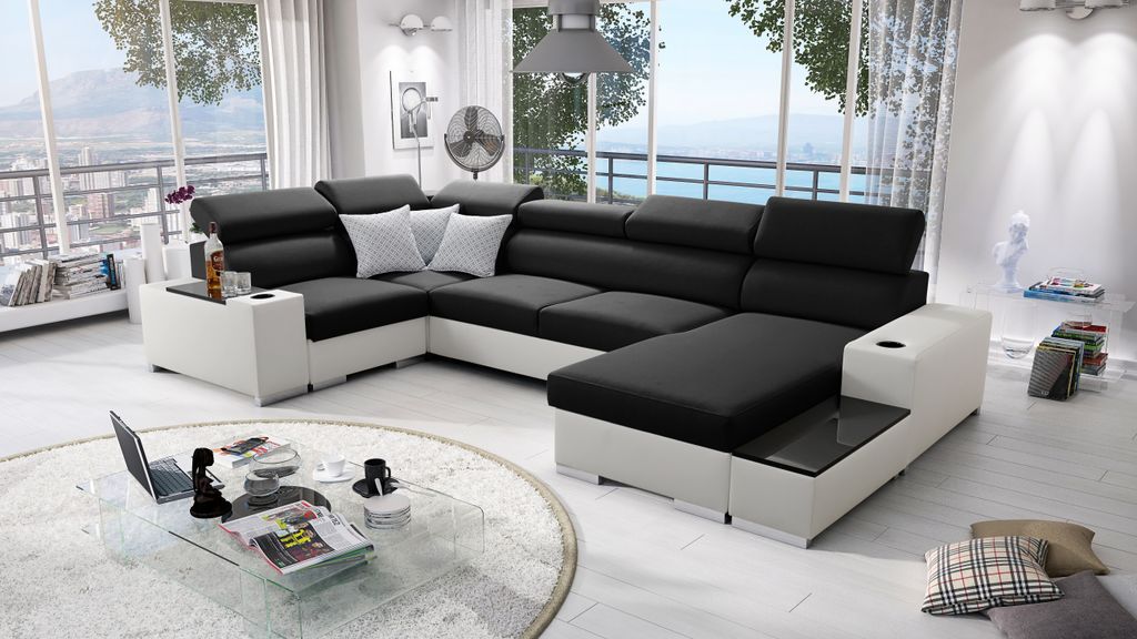 Wohnlandschaft in U-Form PERS IV MAXI Ecksofa Rechts Eckcouch mit Schlaffunktion Schwarz Stoff SAWANA 14 + weißes Kunstleder