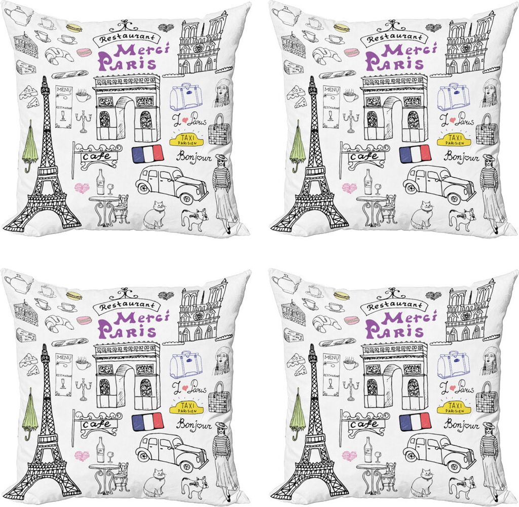 ABAKUHAUS Hipster Kissenbezug Set (4 Stück), Eiffelturm Beret Taxi, Moderner Doppelseitiger Digitaldruck, 60 cm x 60 cm, Mehrfarbig