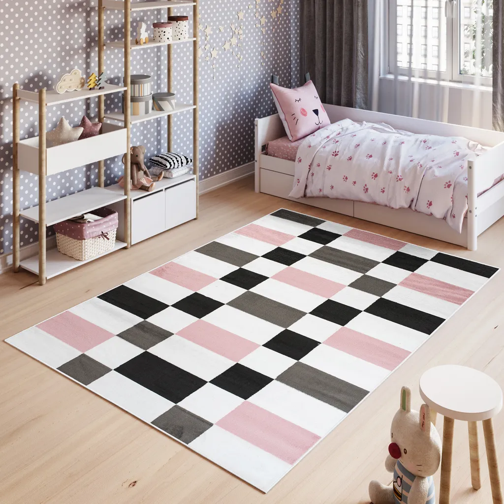 Tapis de Salon Moderne à Carreaux Rose et Noir 140 x 200 cm certifié OEKO-TEX
