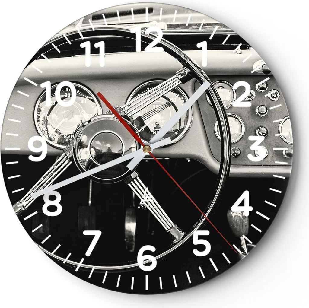 Wanduhr - Rund - Glasuhr - Lenkrad Auto Vintage - 40x40cm - Schleichendes Uhrwerk - Lautlos - zum Aufhängen bereit - Dekoration Modern - Wanddekor...