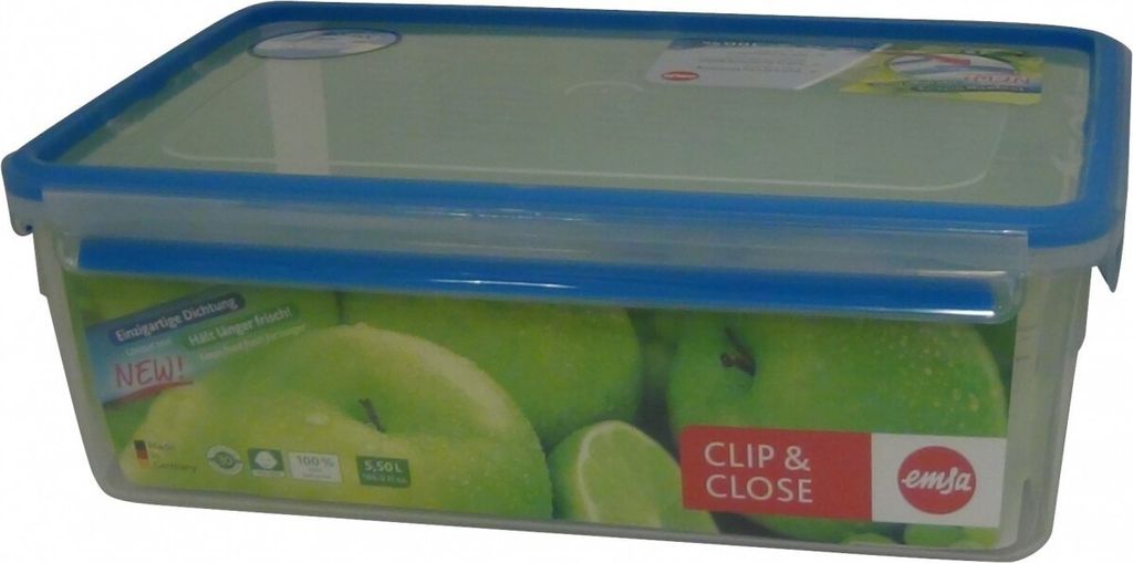 A clear, front-facing shot of a rectangular food storage container with a blue lid and a label featuring green apples.