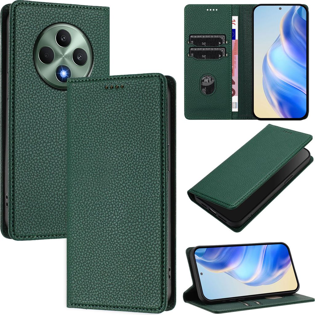 Litchi Leder Handyhülle für Oppo Reno12F 5G/Reno12F 4G Wallet Kartenfächer Standfunktion Hülle Grün