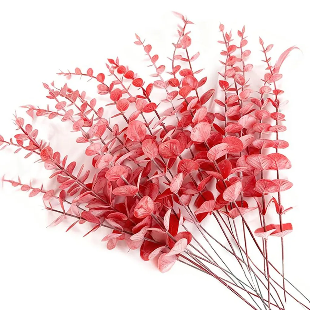 30 Branches Eucalyptus Artificiel Rouge Givré 38cm pour Déco Maison