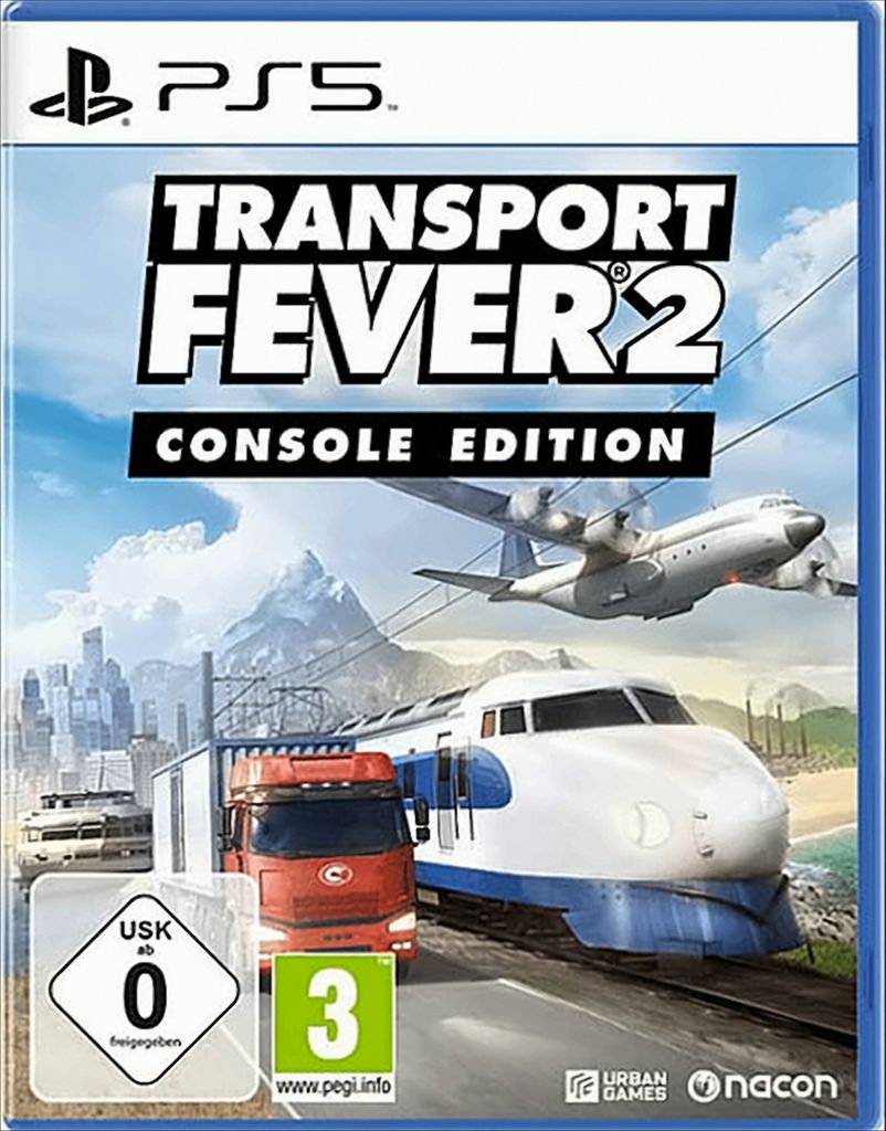 The image shows the front cover of the Transport Fever 2 video game for PlayStation 5.