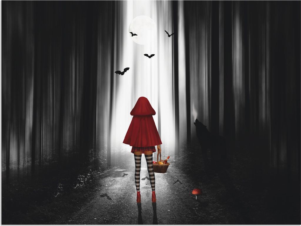 ARTland Wandbild Alu für Innen & Outdoor Das Rotkäppchen auf High Heels Größe: 60x45 cm