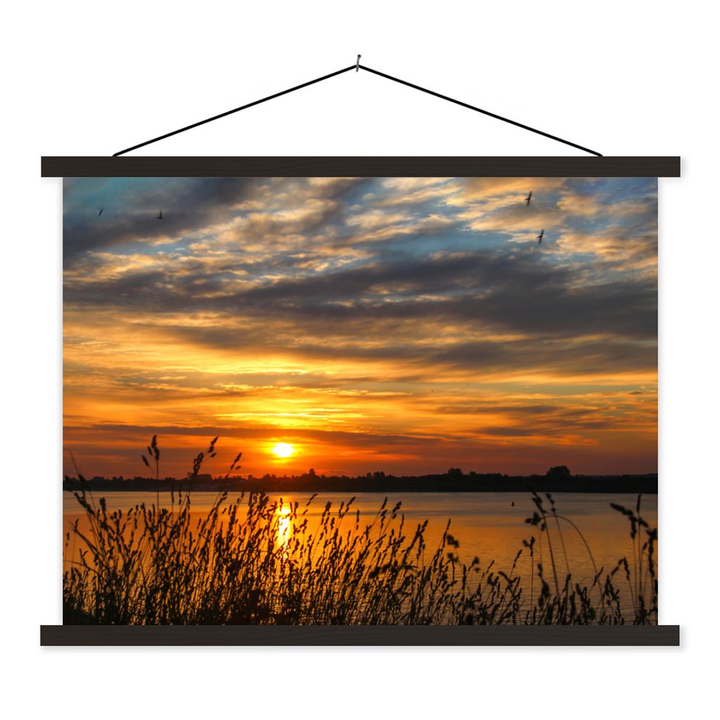 MuchoWow Textilposter Sonnenuntergang - Meer - Horizont - Himmel - Pflanzen 150x113 cm mit schwarzem Rahmen - Wohnzimmer