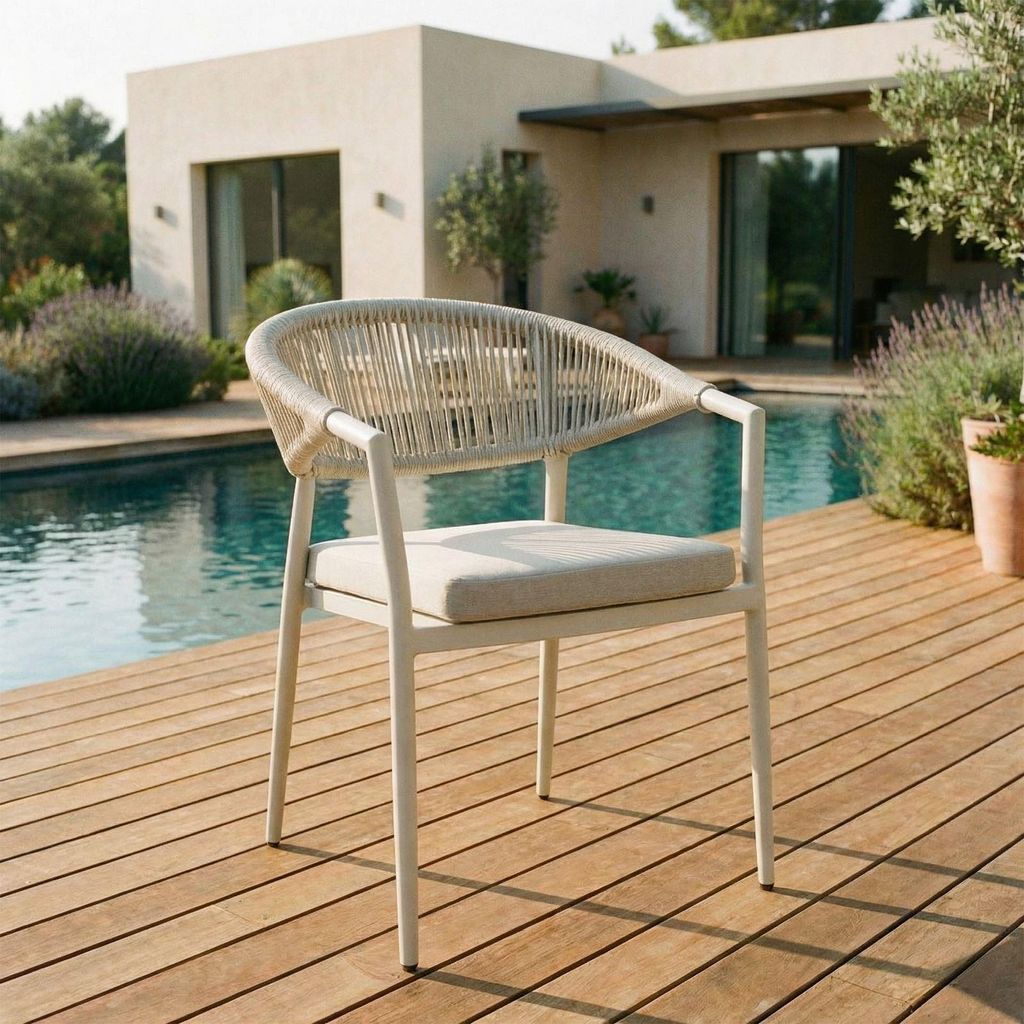 Gartenstühle SELI 6er Set, cremeweiß - moderne Terrassenstühle aus Aluminium & Rope-Detail, wetterfester Balkonstuhl stapelbar mit Kissen für G...