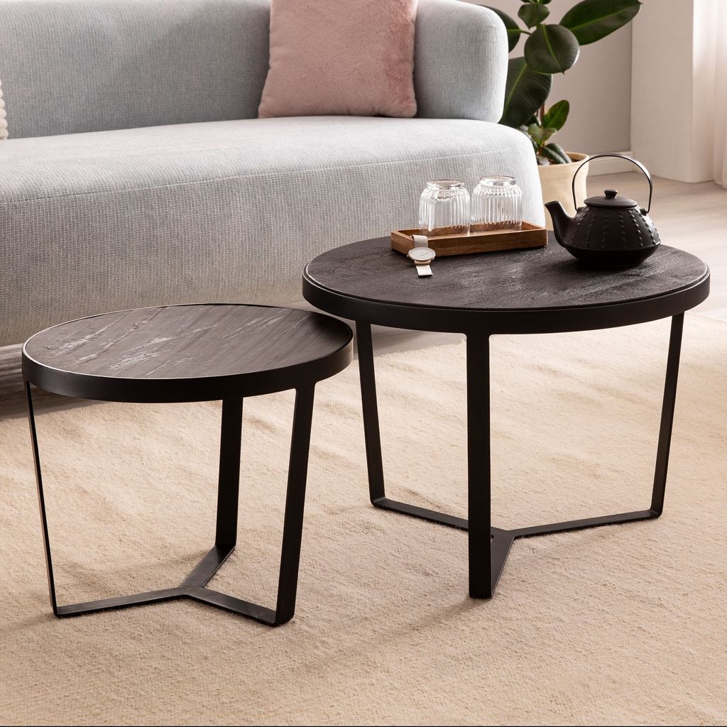 FineBuy Couchtisch 2er Set Akazie Massivholz / Steinoptik Wohnzimmertisch Schwarz Rund Satztisch mit Metallgestell Kaffeetisch Modern Sofatisch