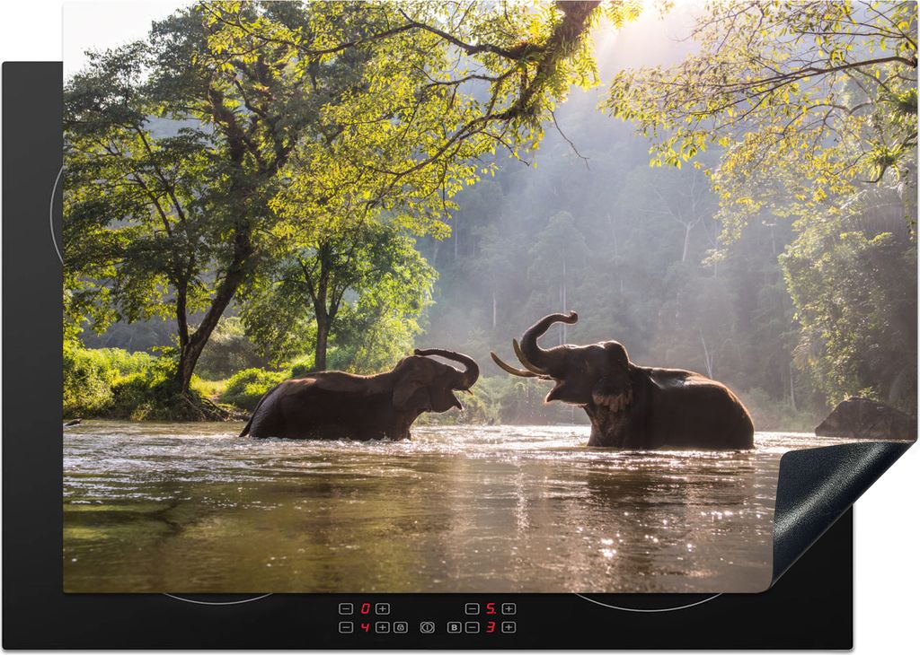 KitchenYeah Herdabdeckplatte Elefant - Wasser - Tiere - Bäume - Sonne , 75x52cm, Küche Deko, Glaskeramikfeld Herdabdeckung, Abdeckplatte fùr K...