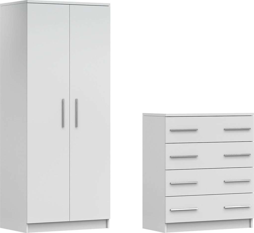 2er-Set Schwebetürenschrank Schrank Kleiderschrank ohne Spiegel 80cm OMEGA 2D mit Kommode FRIDA 02 90 cm 4S Weiss/Weiss