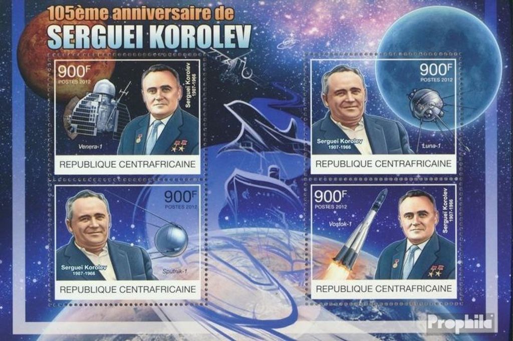 Briefmarken Zentralafrikanische Republik 2012 Mi 3852-3855 Kleinbogen (kompl. Ausgabe) postfrisch Sergei Korolev (1907-1966)