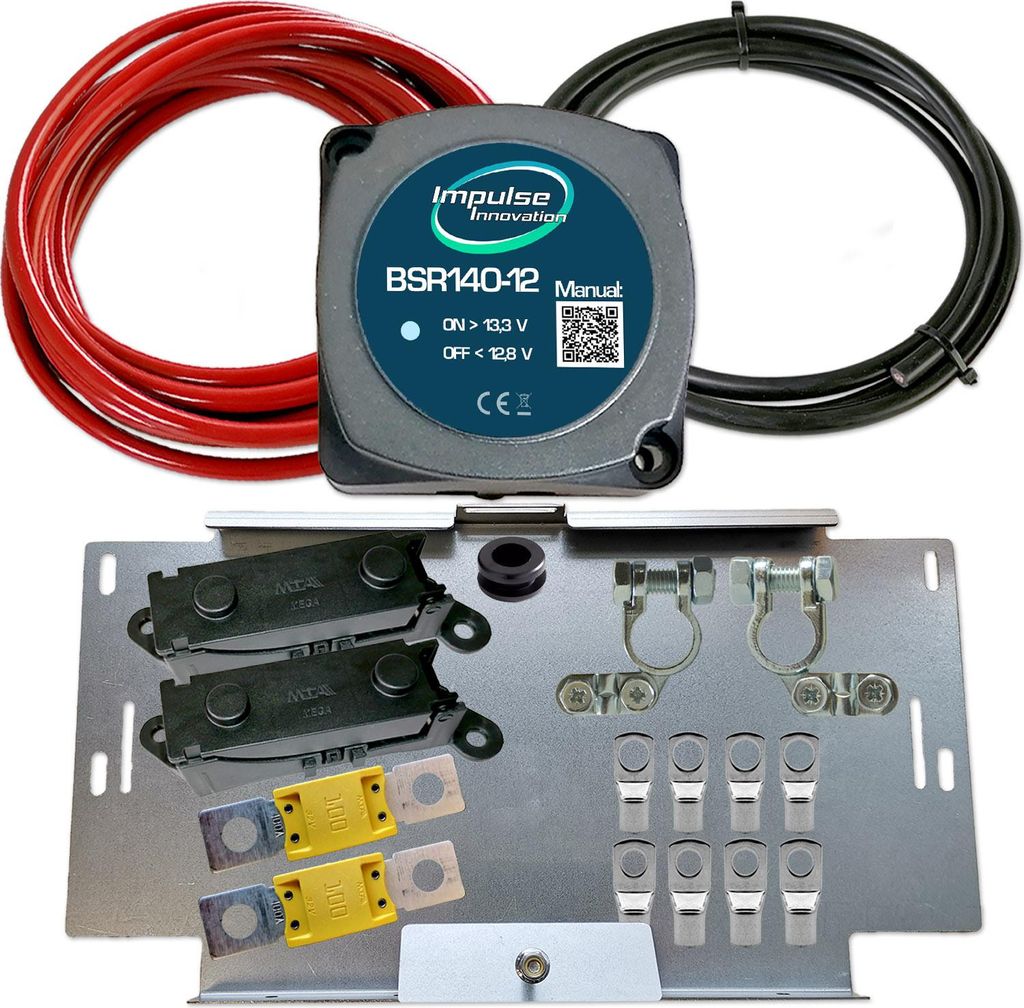 Zweitbatterieset | BSR140-12 | Automatik Trennrelais 12V 140A | 6m 25mm² Kabel | Batteriehalter VW T4 T5 T6 Universal