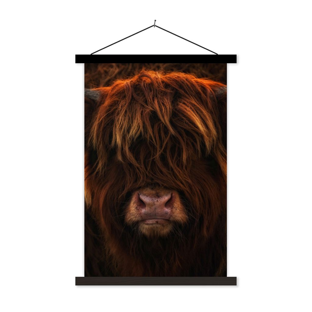 MuchoWow Textilposter Schottischer Highlander - Kuh - Schwarz - Porträt 40x60 cm mit schwarzem Rahmen - Wanddekorationen