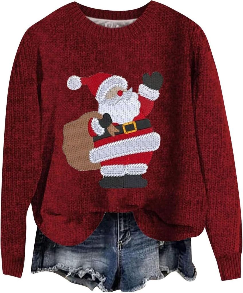 ASKSA Damen Lustige Weihnachtspullover Strickpullover Winter Rundhals Pulli Christmas Sweater Langarm Oberteile Warm Weihnachtspulli,C-Rot,M