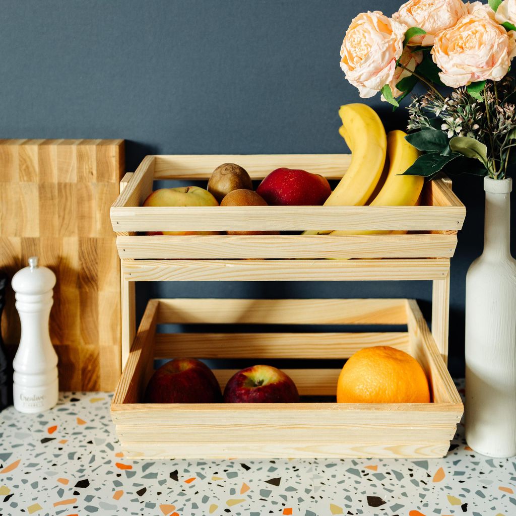 Creative Home Cesto di Frutta a Due Livelli in Legno Oliato Immagine del prodotto 