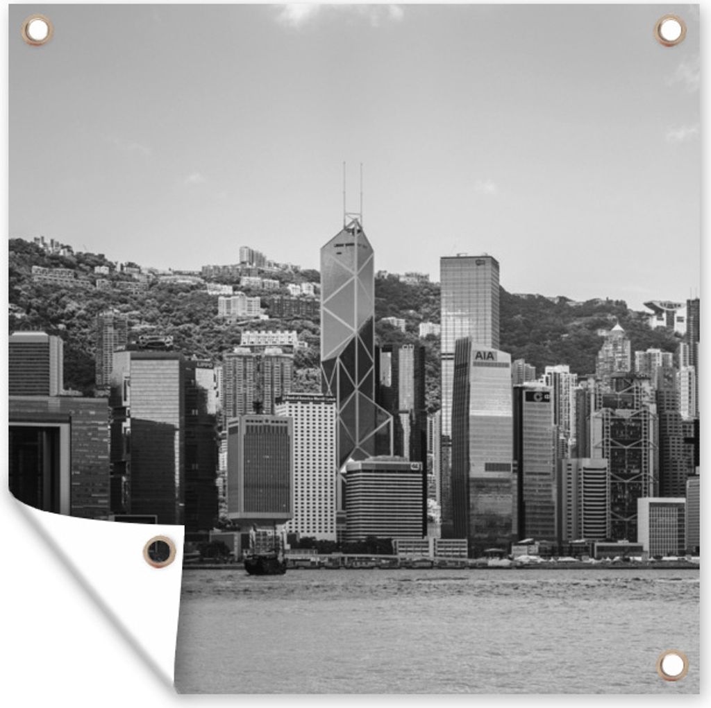 MuchoWow 100x100 cm Outdoor-Poster Gartendeko Sichtschutz Garten Poster für den Garten Hongkong - Skyline - Schwarz - Weiß