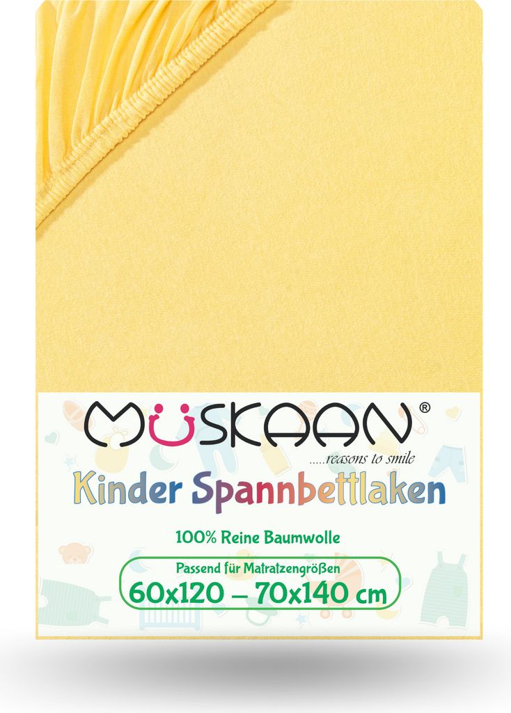 A yellow fitted sheet with elasticated corners, presented on a white background with product information.