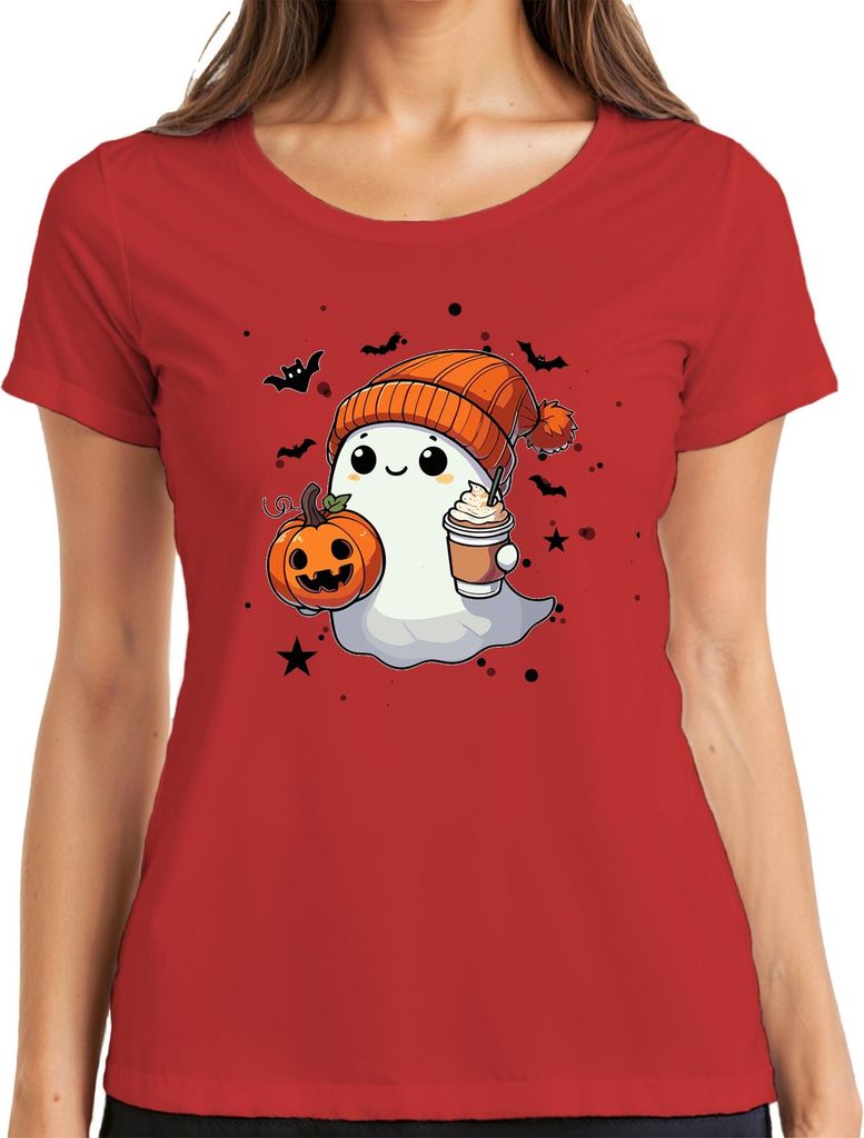 Süßer Halloween Geist Kürbis Pumpkin Spice Latte Herbst Niedlich Damen T-Shirt, Rot, XL