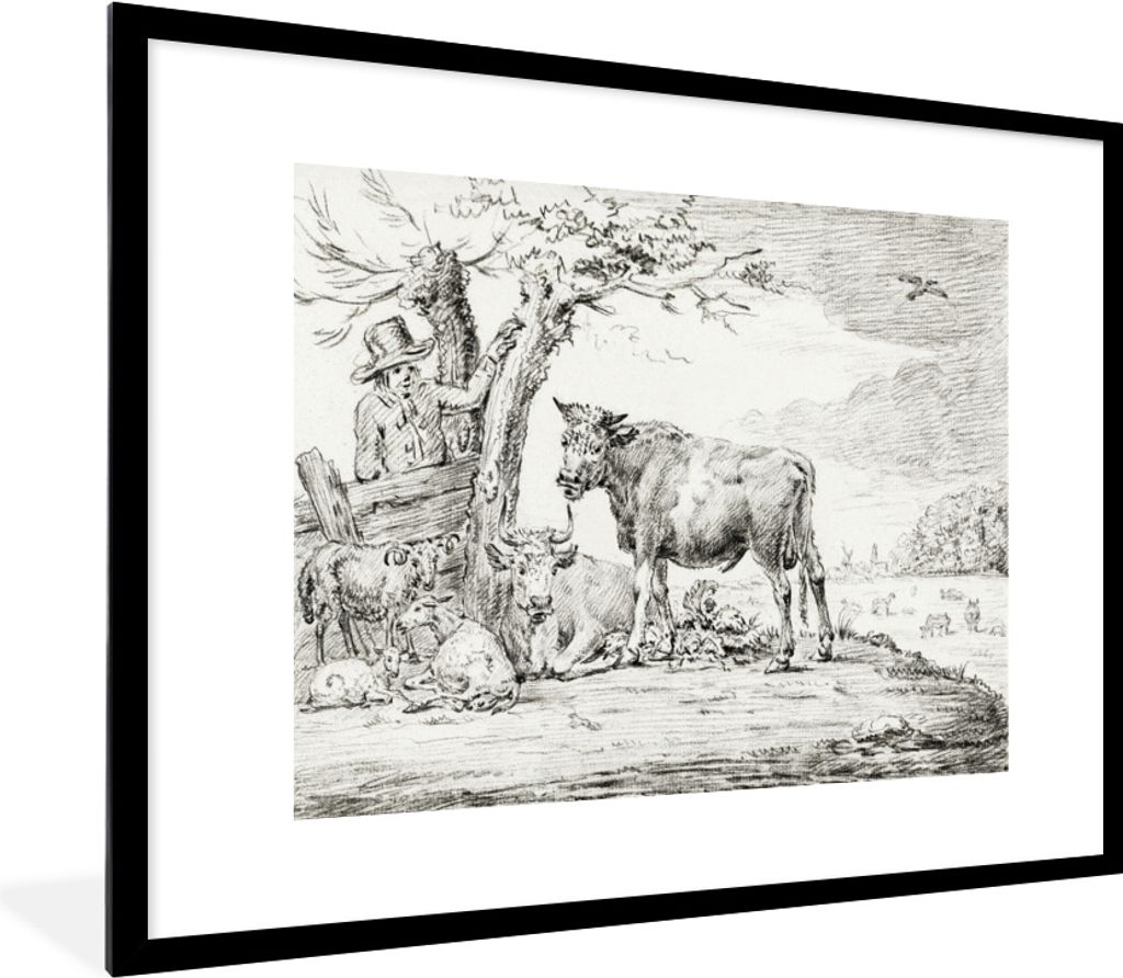 MuchoWow MuchoWow Gerahmtes Poster Landwirt am Zaun und Kühe - Gemälde von Jean Bernard 80x60 cm - Poster mit zchwarzem Bilderrahmen - Schlaf...