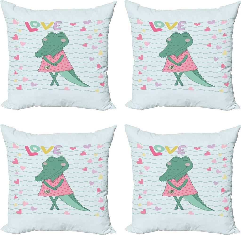 ABAKUHAUS Alligator Kissenbezug Set (4 Stück), Weibliche Crocodile with Love, Moderner Doppelseitiger Digitaldruck, 45 cm x 45 cm, Mehrfarbig