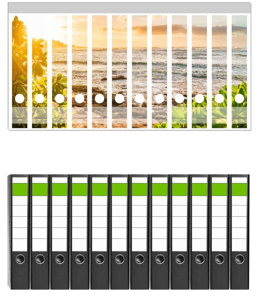 Wallario 12 Stück schmale Ordner inkl. Klebeetiketten mit Motive Strand im Morgenlicht - Set mit Rückenschildern / Ordnerrücken Stickern