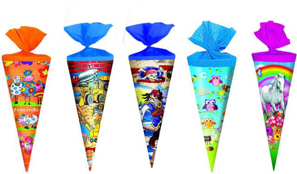 5x Schultüte / Zuckertüte / Länge: 25cm / rund / 5 verschiedene Motive