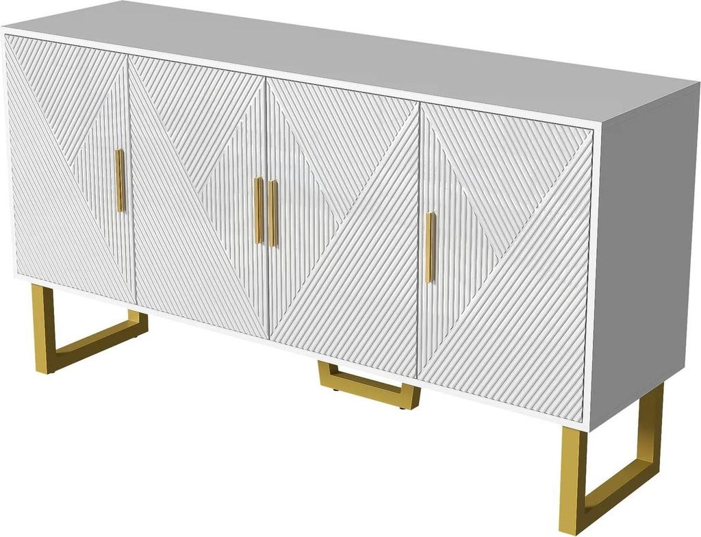 Sideboard Kommode - 150 cm - Hochglanz - Strukturierte Türen - Goldfarbene Griffe - 4 Türen - Höhenverstellbar - Elfenbein