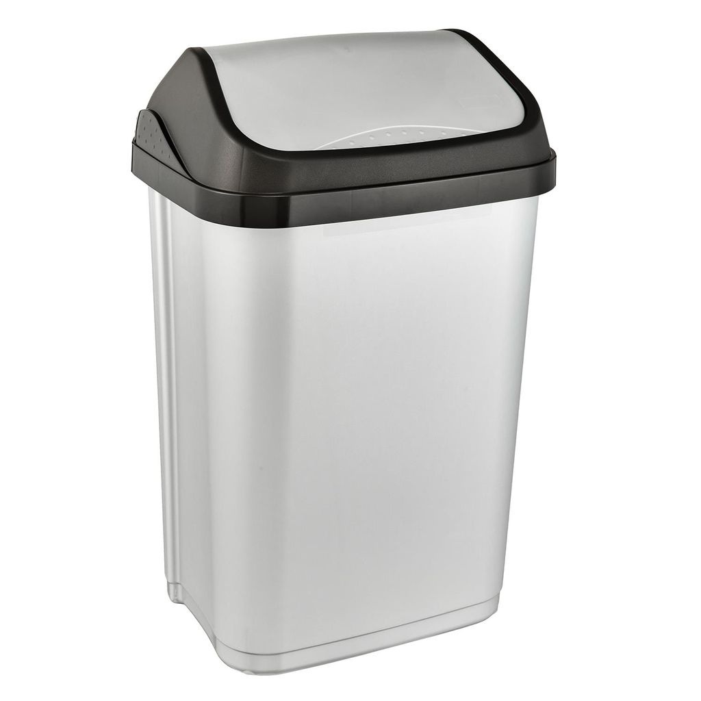 A product shot of a silver and black trash can with a swing lid, isolated on a white background.