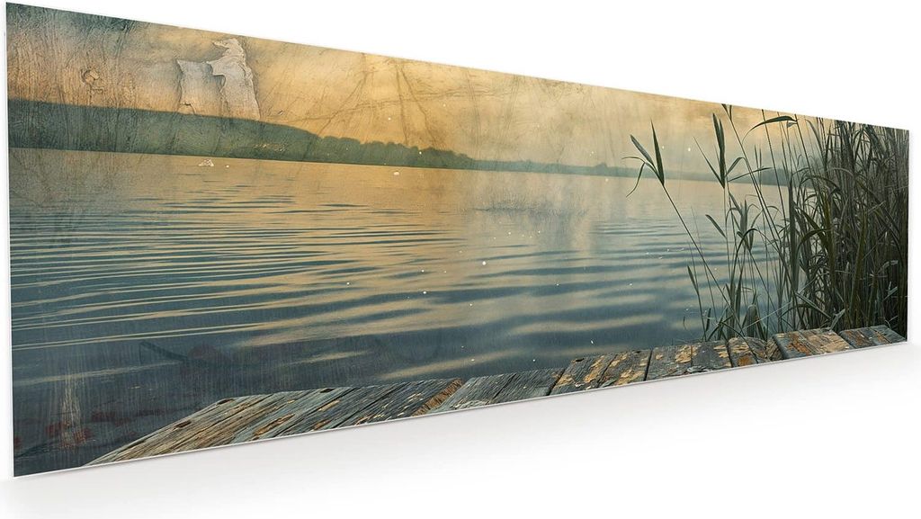 Glasbild 120x40cm in XXL für Wohnzimmer, Schlafzimmer Motiv Seeufer Abendstimmung