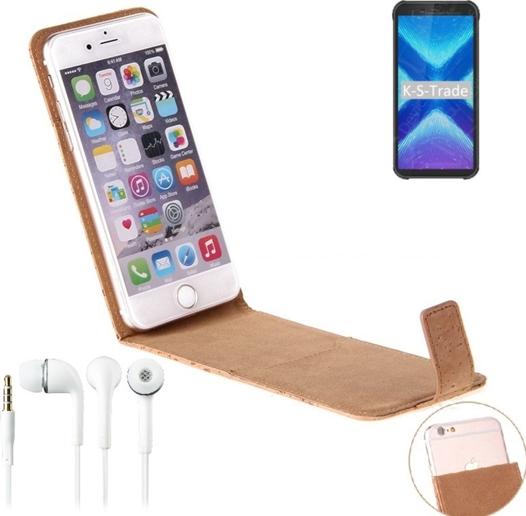 K-S-Trade Schutzhülle mit Kopfhörer kompatibel mit Blackview BV5500 Plus Handyhülle Cover Kork Tasche Flipstyle Case