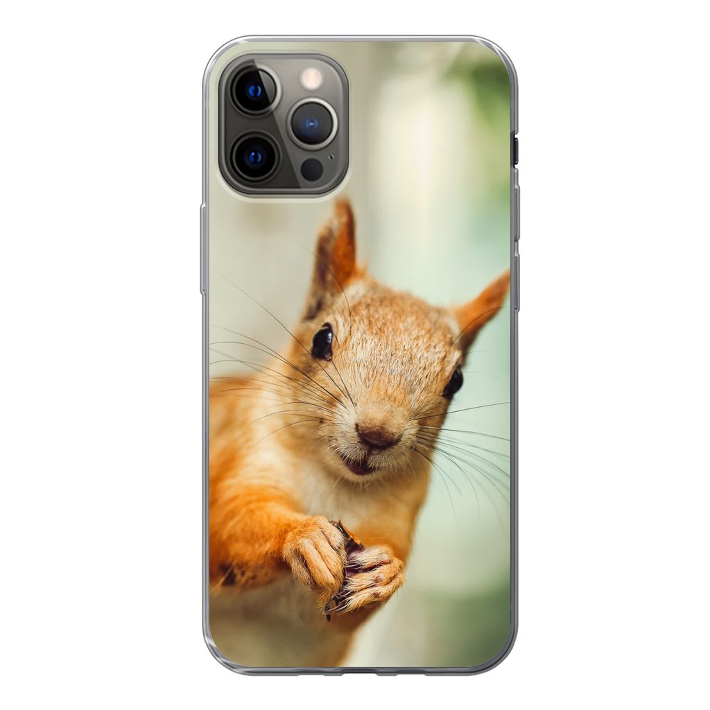 MuchoWow Handyhülle Schutzhülle Hülle für iPhone 12 Pro Eichhörnchen - Lustig - Nuss - Kinder - Jungen - Mädchen - Kind Silikon Softcase Ha...