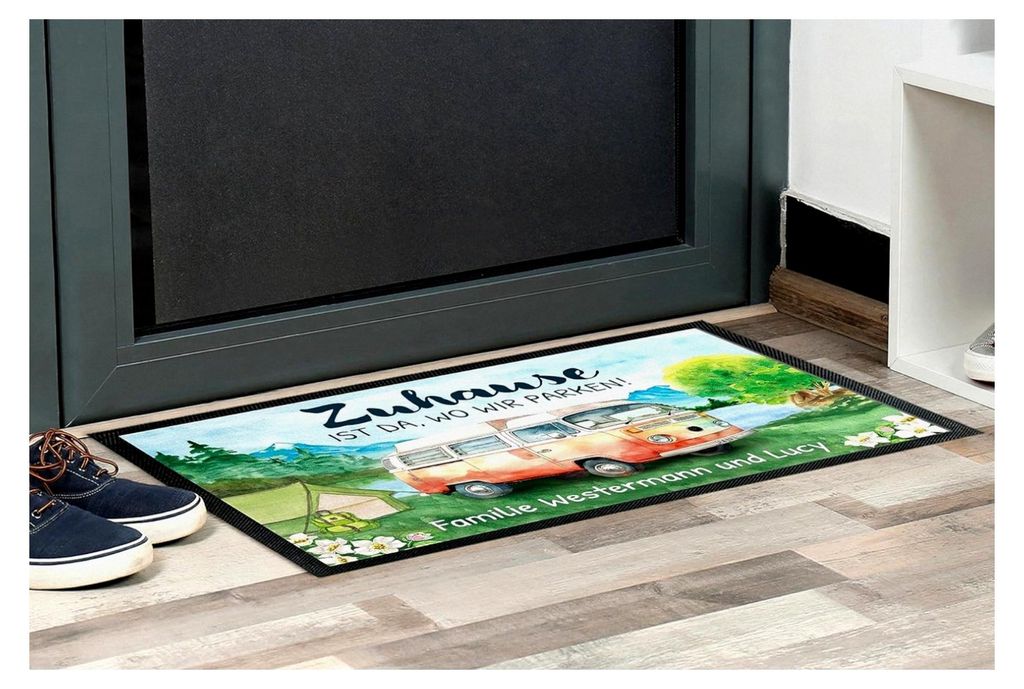 Camping Fußmatte 50x35 cm „Zuhause ist dort, wo wir parken!“ personalisiert mit Wunschtext und 14 Wohnwagen - für Innen- und Außenbereich - ...
