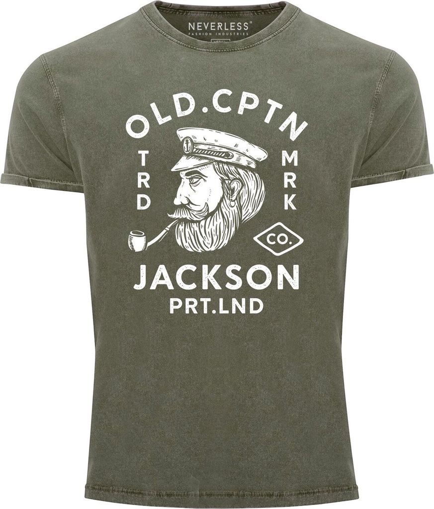 Herren Vintage Shirt Kapitän Motiv Aufdruck Old Cptn Jackson Retro Printshirt Used Look Slim Fit Neverless oliv S