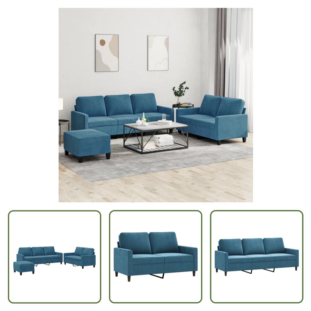 The Living Store 3-tlg. Sofagarnitur mit Kissen Blau Samt