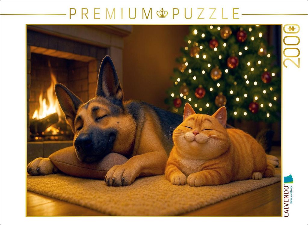 CALVENDO Puzzle Weihnachtsentspannung - Schäferhund und Katze am Kamin | 2000 Teile Lege-Größe 90x67cm Foto-Puzzle für glückliche Stunden