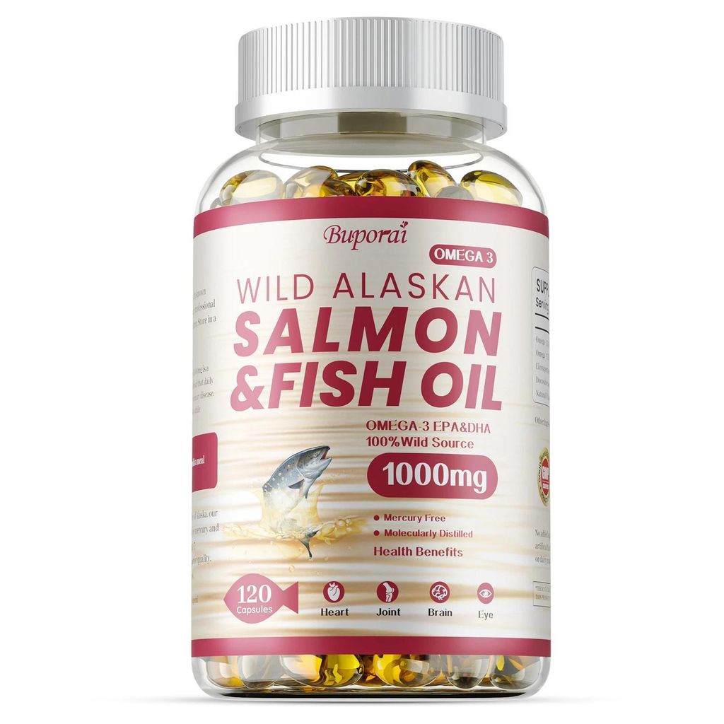 Wild Alaska Salmon & Fish Oil + Omega-3 EPA, DHA 1000mg (120 Kapseln) Nahrungsergänzungsmittel, Gehirn, Nerven, Herz, Kreislauf, Haare, Haut, Nägeln