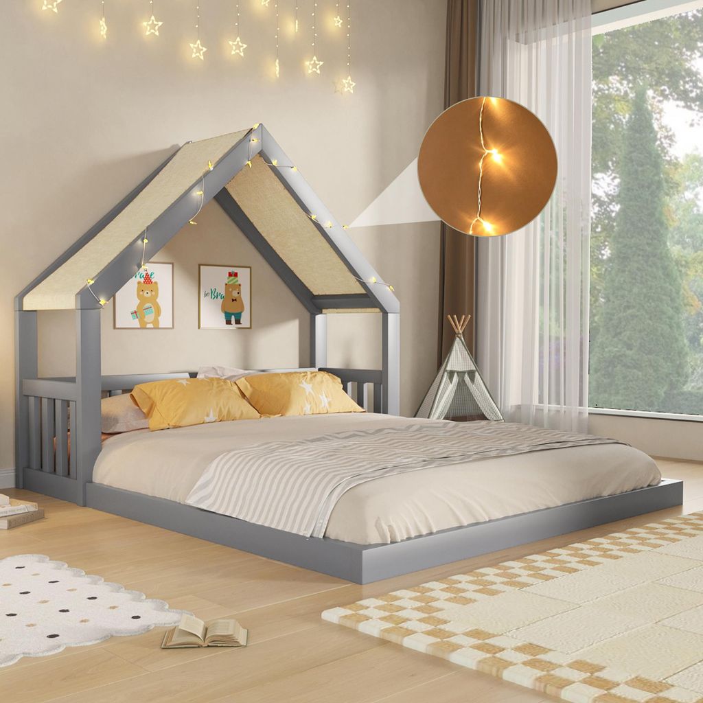 Cama infantil con forma de casa, de 140 x 200 cm, con dosel Imagen del producto 