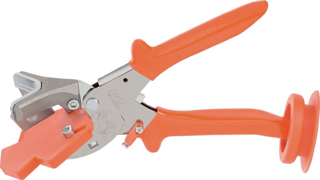 A grafting tool with orange handles and silver blades is shown against a white background.