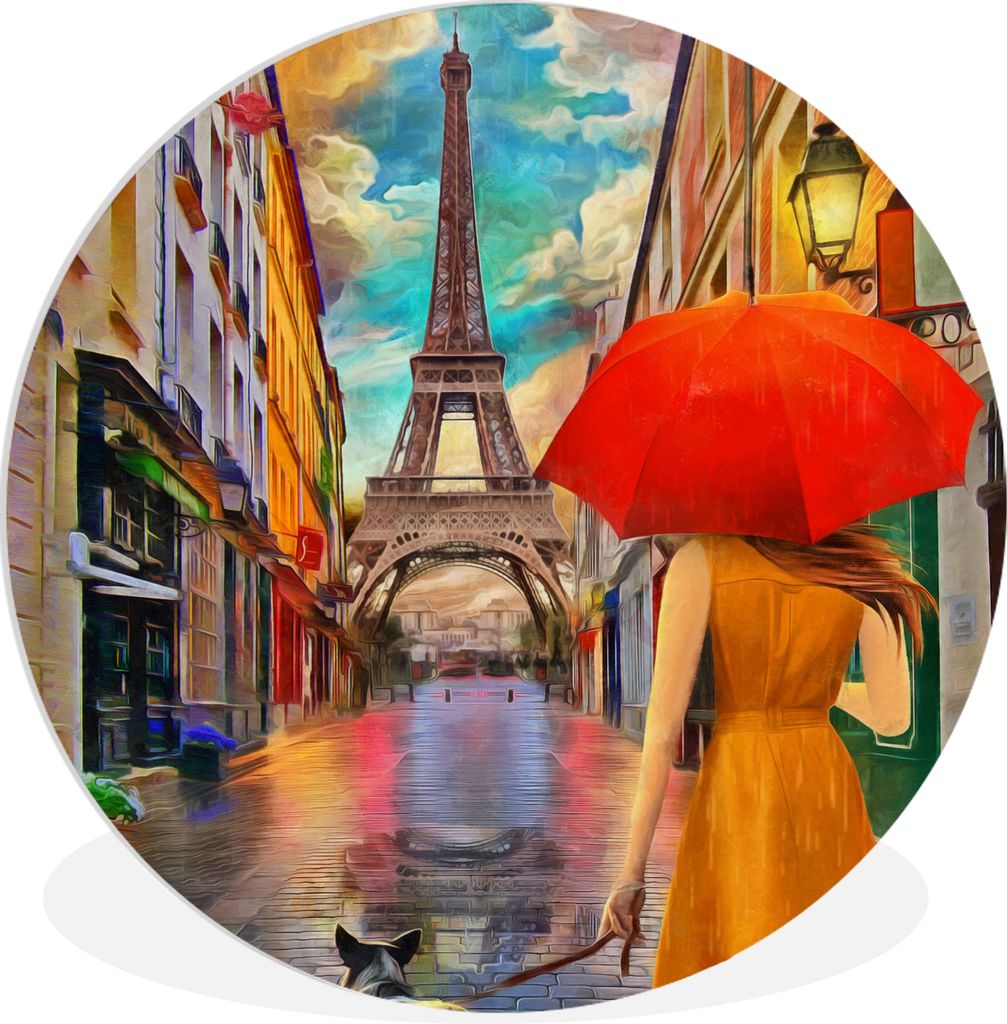 MuchoWow Rundes Wandbild - Runde Bilder Gemälde - Ölfarbe - Frau - Hund - Paris Ø 60 cm Kreis Wanddekoration Kunststoff - Wandkreis - Wandschm...