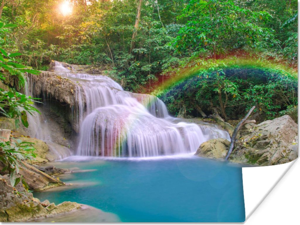 MuchoWow Poster Regenbogen - Sonne - Wasserfall - Natur 80x60 cm - Kunst für zu Hause