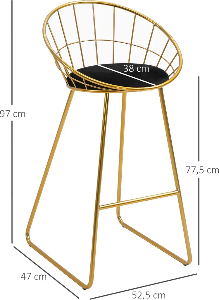 Tabouret de bar velours noir pied doré structure métal 97 cm lot de 2