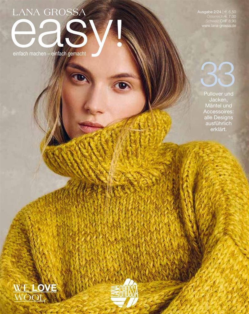 A woman wearing a yellow turtleneck sweater, likely a product from Lana Grossa.