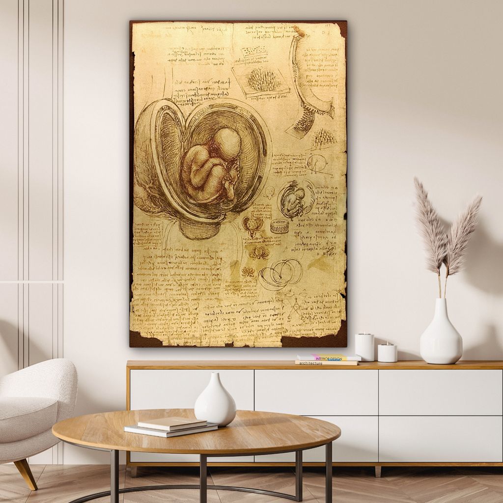 OneMillionCanvasses - Leinwandbilder - 90x140 cm, Baby im Mutterleib - Leonardo da Vinci, Wandbilder Kunstdruck Wanddekoration - Wandschmucke - S...