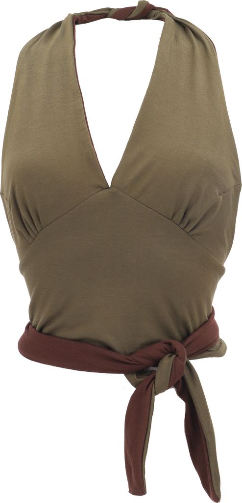 Goa Top, Psytrance, Bandeau Top, Bauchfreies Neckholder Yogatop - Olivgrün, Damen, Elasthan,Viskose, Tops & T-Shirts