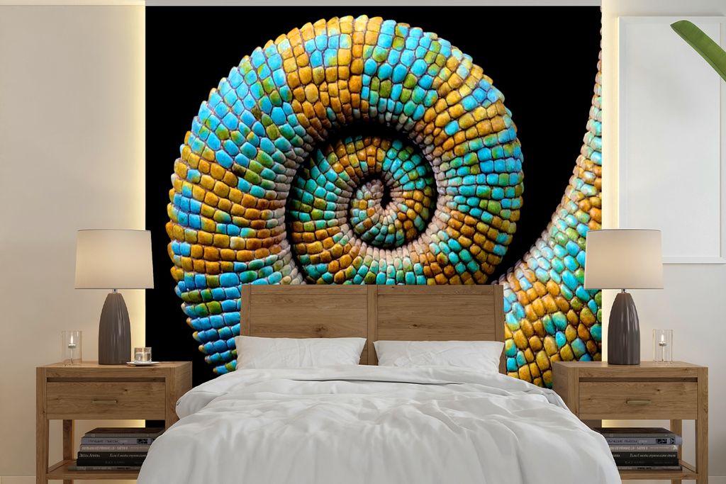 MuchoWow Fototapete für Wohnzimmer oder Schlafzimmer Wandtapete Vinyl Motivtapete Chamäleon - Schwanz - Farbe - 300x300 cm - Wanddekoration