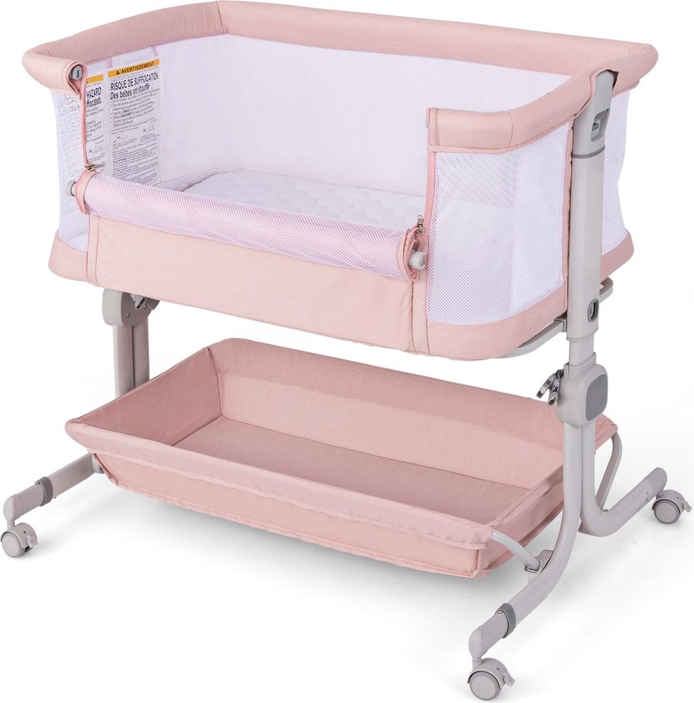 COSTWAY 3 in 1 Beistellbett, Reisebett Baby, Babybett 6 Fach mit Matratze, Rollen, Aufbewahrungskorb & Tragetasche für Baby bis 6 Monaten