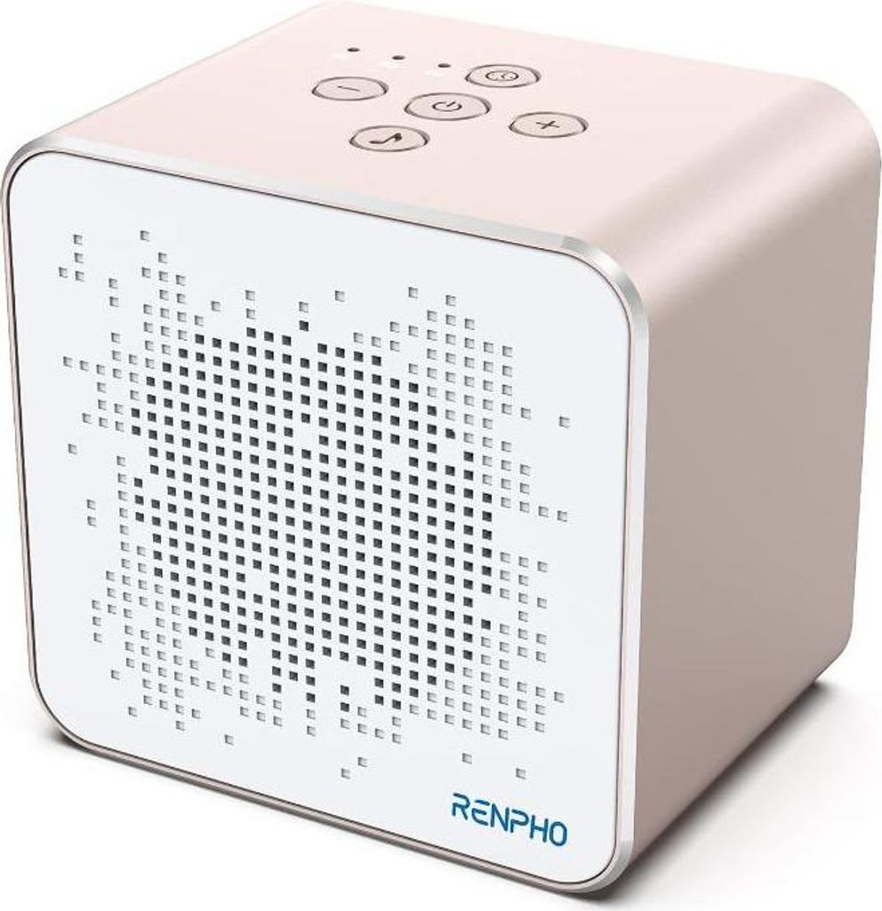 A white cube-shaped speaker with a patterned front and buttons on top.