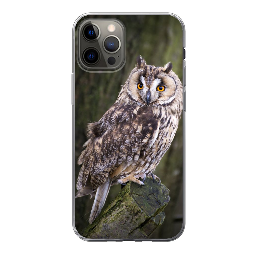 MuchoWow Handyhülle Schutzhülle Hülle für iPhone 12 Pro Eule - Nahaufnahme - Baum Silikon Softcase Handy Hülle - Abdeckung