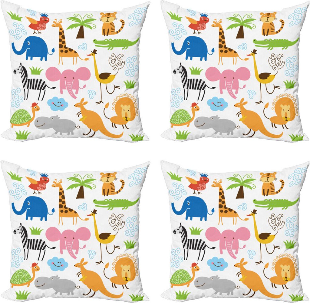 ABAKUHAUS Tier Kissenbezug Set (4 Stück), Safari Giraffe Elefant, Moderner Doppelseitiger Digitaldruck, 60 cm x 60 cm, Mehrfarbig